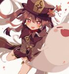  1girl :d bangs black_shorts blush branch brown_coat closed_mouth coat coattails collared_coat fang flower flower-shaped_pupils genshin_impact ghost hair_flaps hat hat_flower highres hu_tao_(genshin_impact) long_hair looking_at_viewer nonon_impact plum_blossoms porkpie_hat red_eyes red_flower red_shirt shirt shorts sidelocks smile solo symbol-shaped_pupils twintails v-shaped_eyebrows very_long_hair 