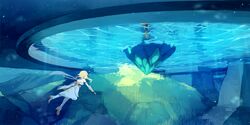  1girl black_gloves blonde_hair boots breasts detached_sleeves dress flower from_behind genshin_impact gloves grass hair_flower hair_ornament lumine_(genshin_impact) outdoors partially_fingerless_gloves shiki_(shikki46) short_hair_with_long_locks solo swimming thigh-highs thigh_boots underwater water white_dress white_flower white_footwear 