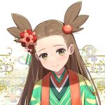  1girl brown_eyes brown_hair closed_mouth commentary eyelashes hair_bobbles hair_ornament highres hsin japanese_clothes jasmine_(pokemon) kimono long_hair looking_at_viewer official_alternate_costume pokemon pokemon_(game) pokemon_masters_ex smile solo two_side_up upper_body 