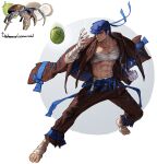  1boy abs absurdres bandaged_arm bandages barefoot belt blue_belt blue_hair blue_ribbon brown_coat brown_pants clenched_hand coat coat_on_shoulders coconut coconut_crab crab full_body highres muscular muscular_male navel original pants pectorals personification ribbon rinotuna serious shadow short_hair solo standing 