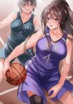  2girls ball bangs bare_shoulders basketball basketball_court basketball_jersey basketball_uniform blue_eyes brown_eyes brown_hair clenched_teeth collarbone dribbling highres holding holding_ball inue_ao jersey multiple_girls open_mouth original ponytail short_hair sidelocks single_thighhigh sportswear sweat teeth thigh-highs 