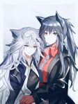  2girls arknights arm_around_shoulder black_gloves black_hair black_jacket blue_eyes collared_shirt dress_shirt dumenggu eyebrows_visible_through_hair gloves grey_background grey_hair grey_necktie hair_between_eyes hair_ornament hairclip highres jacket lappland_(arknights) lappland_(refined_horrormare)_(arknights) long_hair looking_at_viewer multicolored_hair multiple_girls necktie official_alternate_costume open_clothes open_jacket ponytail red_gloves red_shirt redhead scar scar_across_eye shirt sidelocks simple_background streaked_hair texas_(arknights) texas_(willpower)_(arknights) upper_body yellow_eyes 