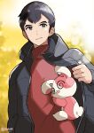 1boy absurdres akanboh alternate_costume black_coat black_hair blush clinging closed_mouth coat commentary_request grey_eyes highres long_sleeves male_focus norman_(pokemon) open_clothes open_coat pokemon pokemon_(creature) pokemon_(game) pokemon_rse red_sweater short_hair smile spinda sweater upper_body 
