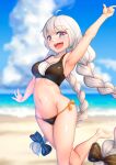  1girl absurdres arm_up armpits barefoot beach bikini black_bikini black_bow blue_sky blurry blurry_background blurry_foreground bow braid breasts clouds cloudy_sky commentary_request depth_of_field eyebrows_visible_through_hair grey_eyes groin hair_bow highres horizon index_finger_raised kizuna_akari leg_up long_hair looking_at_viewer medium_breasts navel nicchi ocean open_mouth partial_commentary side-tie_bikini silver_hair sky smile solo standing standing_on_one_leg swimsuit twin_braids twintails very_long_hair voiceroid 