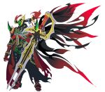  1boy absurdres armor billowing_cape black_armor black_cape black_fire bone breasts cape catball1994 clawed_gauntlets crucifixion fire full_armor gold_trim green_eyes highres holding holding_sword holding_weapon horns huge_horns huge_weapon jewelry kamen_rider kamen_rider_saber_(series) kamen_rider_storious male_focus planted planted_sword redesign ribs ring sculpture shoulder_spikes solo spiked_armor spiked_boots spiked_gauntlets spikes spine sword tokusatsu veil weapon white_background 