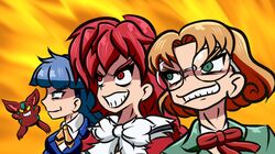  3girls bangs blue_eyes blue_hair blue_hairband blue_jacket brown_hair collared_shirt crazy_smile getter_robo glasses green_eyes green_jacket hairband hououji_fuu ishikawa_ken_(style) jacket long_hair magic_knight_rayearth mokona multiple_girls parody red_eyes redhead round_eyewear ryuuzaki_umi seri3ma shidou_hikaru shin_getter_robo shirt style_parody super_robot_wars super_robot_wars_30 v-shaped_eyebrows white_shirt 