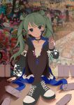  1girl absurdres against_wall bangs black_legwear blue_eyes choker clothing_request commentary eyebrows_visible_through_hair full_body graffiti green_footwear green_hair hand_on_floor hand_up hatsune_miku highres holding jacket long_hair long_sleeves looking_at_viewer paint_splatter paint_splatter_on_face project_sekai shan_(ti0n) sitting smile solo spray_can spray_paint twintails vocaloid 