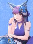  1girl animal_ears bangs bare_arms bare_shoulders blue_background blue_nails brown_eyes choker collarbone daeho_cha dress fox_ears grin hand_up highres long_hair looking_at_viewer mask mask_on_head nail_polish original pink_hair purple_choker purple_dress shiny shiny_hair signature smile solo tattoo teeth_print 