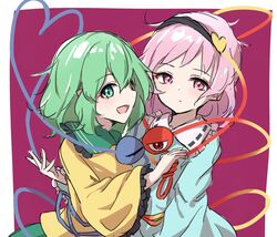  2girls bangs black_hairband blouse blue_blouse collared_shirt commentary eyeball eyebrows_visible_through_hair frilled_shirt_collar frilled_sleeves frills green_eyes green_hair green_skirt hair_between_eyes hairband heart heart_of_string highres komeiji_koishi komeiji_satori long_sleeves looking_at_viewer mizukena_(pokesun) multiple_girls no_hat no_headwear noose open_mouth pink_hair ribbon-trimmed_collar ribbon_trim shirt short_hair siblings sidelocks sisters skirt third_eye touhou violet_eyes wavy_hair wide_sleeves yellow_shirt 