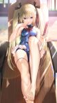  1girl absurdres bangs bare_arms bare_shoulders barefoot beach_chair blonde_hair blue_eyes blue_swimsuit blurry blurry_background bow breasts commentary_request day dead_or_alive dead_or_alive_5 food frills hair_bow hair_ornament highres holding long_hair looking_at_viewer marie_rose marie_rose_(devilish_servant_against_the_splashing_waves) medium_breasts nanaken_nana one-piece_swimsuit outdoors pocky pocky_day sitting sleeveless smile solo swimsuit thighs tied_hair toes twintails x_hair_ornament 