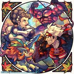  1boy 1girl armor artist_request autumn_leaves black_eyes black_hair border breastplate brown_gloves buzzwole check_artist clenched_hand commentary_request diantha_(pokemon) eyelashes eyeshadow from_side gloves grey_eyes grin guzma_(pokemon) hashibi_rokou headband highres keldeo makeup multicolored_hair official_alternate_costume official_art open_mouth pokemon pokemon_(creature) pokemon_(game) pokemon_masters_ex red_headband short_hair shoulder_armor smile teeth two-tone_hair ultra_beast undercut white_border white_hair 