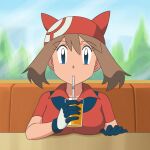  1girl absurdres bangs blue_eyes breasts collared_shirt commentary_request cup drinking drinking_straw drinking_straw_in_mouth eyebrows_visible_through_hair eyelashes glass gloves highres holding holding_cup indoors looking_at_viewer may_(pokemon) medium_hair miraa_(chikurin) orange_juice pokemon pokemon_(anime) pokemon_rse_(anime) red_bandana red_shirt shirt short_sleeves solo table upper_body 