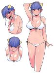  1girl bikini blue_hair blush breasts closed_mouth colored_skin covering covering_breasts cropped_legs cropped_torso embarrassed front-tie_bikini front-tie_top highres horns large_breasts looking_at_viewer miitoban multiple_views oni open_mouth original pink_skin pointy_ears red_eyes sharp_teeth short_hair short_hair_with_long_locks side-tie_bikini sidelocks simple_background standing sweat swimsuit teeth white_background white_bikini 