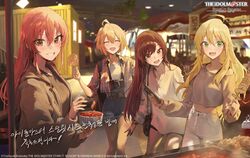  4girls absurdres bag bangs blonde_hair blush breasts brown_eyes brown_hair camera cellphone crop_top food handbag highres hood hoodie hoshii_miki ibuki_tsubasa idolmaster idolmaster_cinderella_girls idolmaster_million_live! idolmaster_million_live!_theater_days idolmaster_starlit_season jewelry jougasaki_mika long_hair midriff mossi multiple_girls necklace official_art open_mouth oversized_clothes oversized_shirt phone pink_hair red_eyes shirt short_hair shorts smartphone smile tanaka_kotoha translation_request yellow_eyes 