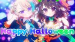  1girl 1other blonde_hair blue_eyes brown_hair ear_piercing earrings english_commentary ghost hair_ornament hairclip happy_halloween highres jewelry looking_at_viewer meguri_yomena mokuroku nemui_kasuka pale_skin piercing sakuramochi_(sakura_frappe) short_ponytail star_(symbol) star_earrings violet_eyes virtual_youtuber 