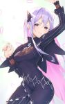  1girl arm_up bangs blue_dress breasts butterfly_hair_ornament capelet closed_mouth commentary_request dress echidna_(re:zero) hair_between_eyes hair_ornament hand_up highres long_hair long_sleeves looking_at_viewer medium_breasts pink_hair re:zero_kara_hajimeru_isekai_seikatsu sidelocks smile solo standing very_long_hair violet_eyes white_background yujongzzang 