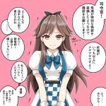  1girl arashio_(kancolle) black_hairband brown_eyes brown_hair checkered commentary_request cosplay cowboy_shot gloves hairband highres kantai_collection long_hair looking_at_viewer michishio_(kancolle) michishio_(kancolle)_(cosplay) one-hour_drawing_challenge pink_background puffy_short_sleeves puffy_sleeves short_sleeves solo tk8d32 translation_request white_gloves 