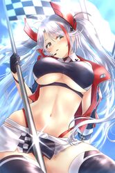  1girl azur_lane black_legwear breasts checkered checkered_flag clothing_cutout cropped_shirt earpiece eyebrows_visible_through_hair flag gloves half_gloves headgear holding holding_flag jacket large_breasts microskirt midriff multicolored_hair notofuku official_alternate_costume open_clothes open_jacket panties panty_straps prinz_eugen_(azur_lane) prinz_eugen_(final_lap)_(azur_lane) purple_jacket racequeen red_panties redhead silver_hair skirt solo streaked_hair thigh-highs two-tone_hair two-tone_skirt under_boob underboob_cutout underwear white_skirt yellow_eyes zipper 