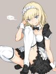  1girl adjusting_hair apron black_bow black_bowtie black_dress black_footwear blonde_hair blue_eyes bow bowtie breasts commentary_request detached_collar dress eyebrows_visible_through_hair frilled_dress frills haimura_kiyotaka highres leivinia_birdway loafers looking_at_viewer maid maid_headdress medium_hair shoes short_sleeves simple_background sitting small_breasts smile solo speech_bubble thigh-highs thighs toaru_majutsu_no_index toaru_majutsu_no_index:_new_testament waist_apron wrist_cuffs 