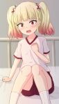  1girl bangs blonde_hair blush commentary_request eyebrows_visible_through_hair feet_out_of_frame gradient_hair gym_shirt gym_shorts gym_uniform hand_up highres hippo_(hirople) knees_together_feet_apart knees_up looking_at_viewer mieruko-chan multicolored_hair niguredou_julia on_bed open_mouth red_eyes red_shorts redhead sheet_grab shirt short_shorts short_sleeves shorts sitting socks solo twintails white_legwear white_shirt 