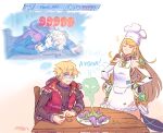  1boy 1girl apron blonde_hair chair chef_hat closed_eyes closed_mouth damage_numbers food fork gameplay_mechanics glowing glowing_eyes hands_on_hips hat highres jacket long_hair long_sleeves mythra_(xenoblade) red_jacket second-party_source shulk_(xenoblade) smile suneiaaa table toque_blanche x_x xenoblade_chronicles xenoblade_chronicles_(series) xenoblade_chronicles_2 