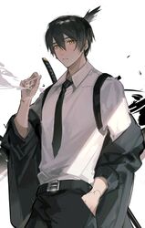  1boy belt black_hair black_necktie black_pants chainsaw_man cigarette collared_shirt cowboy_shot formal hair_between_eyes hand_in_pocket hayakawa_aki_(chainsaw_man) highres jacket nagito necktie pants shirt short_hair short_ponytail simple_background smoking solo suit sword weapon white_background white_shirt yellow_eyes 