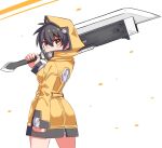 1girl ass black_hair breasts cougar_(cougar1404) holding holding_sword holding_weapon hood hooded_jacket jacket looking_at_viewer nari_(cougar1404) original short_hair simple_background solo standing sword weapon white_background yellow_eyes 