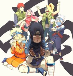  1girl 5boys :d arms_up beige_background black_eyes black_hair blonde_hair blue_eyes blue_pants blue_shirt carrying clay closed_eyes deidara_(naruto) forehead forehead_protector full_body green_eyes green_shorts haruno_sakura hatake_kakashi holding index_finger_raised jacket long_hair mask mouth_mask multiple_boys naruto naruto_(series) ninja ninja_mask oba-min open_clothes open_mouth open_vest orange_jacket orange_pants pants pink_hair pointing ponytail princess_carry red_eyes red_shirt redhead sandals sasori_(naruto) shirt short_hair short_sleeves shorts sitting smile smoke standing surprised sweat team7 teeth uchiha_sasuke uzumaki_naruto vest wavy_mouth white_hair white_shorts younger 