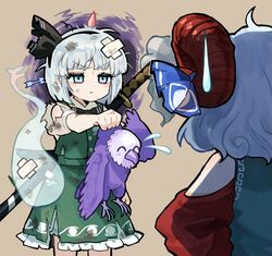  2girls beige_background black_hairband black_ribbon blue_bow blue_eyes bow closed_mouth danmaku eagle_spirit_(touhou) green_skirt green_vest hair_ribbon hairband highres hitodama horn_bow horn_ornament horns howhow_notei katana konpaku_youmu konpaku_youmu_(ghost) multiple_girls puffy_short_sleeves puffy_sleeves red_horns ribbon sheath sheathed sheep_horns shirt short_hair short_sleeves silver_hair simple_background skirt sweatdrop sword torn_clothes torn_shirt torn_skirt torn_vest touhou toutetsu_yuuma vest weapon white_hair white_shirt 