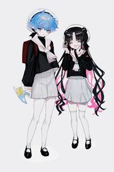  1boy 1girl absurdres bag bangs beret black_blouse black_footwear black_hair blouse blue_eyes blue_hair camera child closed_eyes commentary_request double_bun eyebrows_visible_through_hair facial_mark fate/extra fate/extra_ccc fate/grand_order fate_(series) forehead_mark forehead_tattoo full_body grey_shorts grey_skirt hand_on_own_cheek hand_on_own_face hans_christian_andersen_(fate) hat highres holding holding_camera long_hair long_sleeves looking_at_viewer multicolored_hair parted_bangs parted_lips pink_hair pith_u red_bag school_bag school_uniform serafuku sesshouin_kiara sesshouin_kiara_(lily) short_hair shorts simple_background skirt smile standing streaked_hair sweat thigh-highs turtleneck two-tone_hair very_long_hair wavy_hair white_background white_headwear white_legwear 