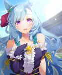  1girl animal_ears arm_at_side asymmetrical_bangs asymmetrical_sleeves bangs bare_shoulders blue_hair blurry blush center_frills collarbone depth_of_field dress frills gloves hand_on_own_chest highres horse_ears kotsuru_kari lips long_hair looking_at_viewer mejiro_ardan_(umamusume) off-shoulder_dress off_shoulder open_mouth outdoors outer_glow purple_dress purple_gloves smile solo sunlight umamusume upper_body violet_eyes 