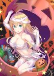  1girl ahoge bandages blonde_hair breasts candy commentary_request dies_irae eyebrows_visible_through_hair food green_eyes halloween halloween_costume hat highres jack-o&#039;-lantern large_breasts long_hair looking_at_viewer marie_(dies_irae) mummy_costume naked_bandage navel okina_(805197) orange_background pumpkin scar scar_on_neck shinza_bansho_series solo very_long_hair witch_hat 