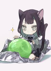  1girl animal_ears bangs black_bow black_bowtie black_footwear black_hair black_skirt blush bow bowtie candy candy_wrapper cat_ears cat_girl cat_tail chibi collared_shirt commentary_request earrings food green_hair green_jacket highres jacket jewelry kneeling long_sleeves looking_at_food looking_down minigirl miniskirt multicolored_hair original pleated_skirt shirt shoes short_hair simple_background skirt solo sparkle tail toeless_footwear tokiwata_soul two-tone_hair white_shirt 