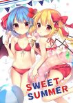  2girls anchor_symbol ass ball bare_arms bare_legs bare_shoulders barefoot bat_wings beachball beads bikini blue_hair blush bow breasts collarbone commentary_request crystal english_text eyebrows_visible_through_hair feet_out_of_frame flandre_scarlet flower food from_behind front-tie_bikini front-tie_top hair_beads hair_between_eyes hair_bow hair_flower hair_ornament hair_ribbon hairclip halterneck hand_up holding holding_food ice_cream ice_cream_cone innertube leg_up long_hair looking_at_viewer looking_back multiple_girls navel no_hat no_headwear popsicle red_bikini red_bow red_flower red_ribbon remilia_scarlet ribbon ruhika shell_hair_ornament short_hair siblings side-tie_bikini side_ponytail silhouette sisters small_breasts smile star_(symbol) starry_background stomach swimsuit thighs tongue tongue_out touhou white_background wings x_hair_ornament 