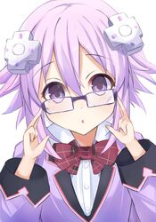  1girl adjusting_eyewear bimmy blush bow bowtie d-pad d-pad_hair_ornament eyebrows_visible_through_hair gekijigen__blanc_+_neptune_vs_zombie_gundan glasses hair_between_eyes hair_ornament highres looking_at_viewer medium_hair neptune_(neptune_series) neptune_(series) open_mouth purple_hair simple_background solo upper_body violet_eyes white_background 