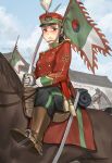  1girl allalaallala black_eyes black_hair black_pants blue_sky boots brown_footwear cavalier_hat cavalry closed_mouth clouds cloudy_sky flag gloves hat holding holding_sword holding_weapon horse horseback_riding jacket long_hair looking_at_viewer military military_hat military_jacket military_uniform original outdoors pants ponytail red_headwear red_jacket riding saber_(weapon) sheath sitting sky solo stirrup_legwear stirrups sword toeless_legwear uniform weapon white_gloves 