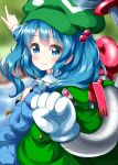  1girl backpack bag bangs blue_eyes blue_hair blue_jacket blurry blurry_background closed_mouth eyebrows_visible_through_hair green_bag green_headwear hair_bobbles hair_ornament hat highres jacket kawashiro_nitori key long_sleeves mechanical_arms medium_hair mob_cap outdoors pointing ruu_(tksymkw) smile solo touhou two_side_up 