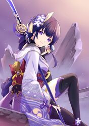  1girl black_legwear bottle braid flower genshin_impact hair_flower hair_ornament hand_up japanese_clothes kimono light_smile long_braid milk_bottle mitsuki_meia obi polearm purple_hair purple_kimono raiden_shogun sash single_braid solo spear thigh-highs violet_eyes weapon wide_sleeves zettai_ryouiki 