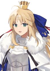  1girl absurdres ahoge armor armored_dress artoria_pendragon_(caster)_(fate) artoria_pendragon_(fate) blonde_hair blue_bow bow breastplate capelet commentary crown ddukbaegihunt dress eyebrows_visible_through_hair facial_mark fate/grand_order fate_(series) forehead_mark fur-trimmed_capelet fur_trim green_eyes hair_bow hair_ribbon highres long_hair looking_at_viewer mini_crown red_ribbon ribbon sidelocks simple_background smile solo upper_body very_long_hair white_armor white_background white_capelet 