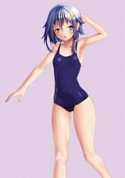  1girl amano_miyako blue_eyes blue_swimsuit crescent crescent_hair_ornament feet_out_of_frame flat_chest grey_background hair_ornament highres kantai_collection looking_at_viewer purple_hair school_swimsuit short_hair short_hair_with_long_locks simple_background solo standing swimsuit yayoi_(kancolle) 