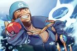  1boy anchor_necklace archie_(pokemon) beard blue_bandana blue_bodysuit bodysuit brown_hair chain_necklace commentary_request dark-skinned_male dark_skin dolustoy facial_hair glint grin holding holding_poke_ball logo male_focus mustache poke_ball poke_ball_(basic) pokemon pokemon_(game) pokemon_oras popped_collar short_hair smile solo team_aqua teeth torn_bodysuit torn_clothes upper_body water water_drop wetsuit 