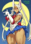  1girl alternate_hairstyle animal_ears bishoujo_senshi_sailor_moon blue_sailor_collar blue_skirt blurry blurry_background boku_no_hero_academia breasts choker closed_mouth commentary cosplay covered_navel cowboy_shot crescent_moon dark-skinned_female dark_skin elbow_gloves gloves groin highres large_breasts long_hair looking_at_viewer miniskirt mirko moon muscular muscular_female night night_sky outdoors pleated_skirt rabbit_ears raised_eyebrow red_eyes red_ribbon ribbon sailor_collar sailor_moon sailor_moon_(cosplay) short_sleeves shosho_oekaki skirt sky slit_pupils smirk solo thick_thighs thighs tsuki_ni_kawatte_oshioki_yo twintails twitter_username very_long_hair white_gloves white_hair wide_hips wind wind_lift 