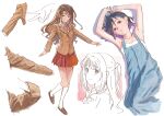  2girls armpits art_study bare_arms black_hair blazer blue_overalls breasts brown_eyes brown_hair brown_jacket collage commentary_request do_it_yourself!! full_body half_updo idolmaster idolmaster_cinderella_girls jacket kneehighs loafers long_hair long_sleeves lying matsuo_yuusuke miniskirt multicolored_hair multiple_girls multiple_views on_back overalls pleated_skirt purple_hair red_eyes school_uniform shimamura_uzuki shoes short_hair simple_background skirt small_breasts smile socks strapless suride_miku two-tone_hair white_background white_socks 