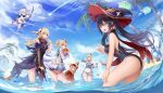  6+girls absurdres ahoge bangs barbara_(genshin_impact) barbara_(summertime_sparkle)_(genshin_impact) beach commentary_request eyebrows_visible_through_hair fischl_(genshin_impact) floating genshin_impact hair_between_eyes highres horizon iuidd jean_(genshin_impact) jean_(sea_breeze_dandelion)_(genshin_impact) jumpy_dumpty klee_(genshin_impact) long_hair long_sleeves looking_at_viewer low_twintails mechanical_halo mona_(genshin_impact) multiple_girls paimon_(genshin_impact) ponytail seelie_(genshin_impact) sidelocks slime_(genshin_impact) twintails 