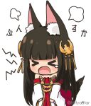  &gt;_&lt; 1girl :o animal_ear_fluff animal_ears azur_lane bangs black_hair blunt_bangs blush closed_eyes commentary_request detached_sleeves dress eyebrows_visible_through_hair fox_ears hair_ornament long_sleeves mitya nagato_(azur_lane) open_mouth pleated_dress red_dress simple_background solo strapless strapless_dress tears twitter_username white_background white_sleeves wide_sleeves 