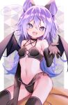  1girl animal_ears bangs bare_shoulders bat_ears bat_wings bikini bikini_skirt black_bikini black_gloves black_legwear breasts d_omm elbow_gloves feet_out_of_frame gloves groin hair_between_eyes halloween halterneck long_hair looking_at_viewer navel open_mouth original purple_hair sitting small_breasts smile solo stomach swimsuit thigh-highs violet_eyes wings 