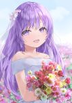  1girl :d angel_beats! bare_shoulders bouquet bride commentary_request cosmos_(flower) dress field flower flower_field hair_flower hair_ornament heaven_burns_red highres holding holding_bouquet irie_miyuki long_hair looking_at_viewer outdoors purple_hair sky smile solo tsumugi-t upper_body violet_eyes wedding_dress white_dress 