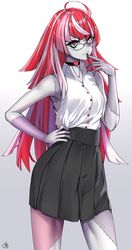  1girl 2ndeminence :3 ahoge aqua_eyes bangs bare_shoulders black_nails black_skirt breasts choker closed_mouth collared_shirt colored_skin cowboy_shot diamond-shaped_pupils diamond_(shape) dress_shirt eyelashes finger_to_mouth glasses gradient gradient_background grey_skin hair_down hand_on_hip hand_up heart heart_choker heterochromia highres hololive holoro kureiji_ollie light_particles long_hair looking_at_viewer miniskirt mismatched_pupils multicolored_eyes multicolored_hair multicolored_skin patchwork_skin pink_hair pleated_skirt red_eyes redhead shirt sidelocks silver_hair skirt sleeveless sleeveless_shirt smile solo stitched_arm stitched_face stitched_leg stitched_torso stitches symbol-shaped_pupils two-tone_skin very_long_hair virtual_youtuber white_background white_hair white_skin x-shaped_pupils yellow_eyes zombie 