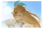  1girl backlighting blonde_hair blue_sky blurry bokeh border bow commentary depth_of_field detached_sleeves dress from_below green_bow hair_bow highres long_hair looking_at_viewer looking_down nijisanji nijisanji_en open_mouth pearl_(pe4rrrrrl) pointy_ears pomu_rainpuff portrait red_eyes sky smile solo symbol-only_commentary upper_body white_dress white_sleeves wings 