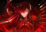  1girl absurdres breasts breasts_apart fate/grand_order fate_(series) floating_hair grin hair_over_one_eye highres long_hair looking_at_viewer medium_breasts oda_nobunaga_(fate) oda_nobunaga_(maou_avenger)_(fate) polk red_eyes redhead smile solo upper_body 